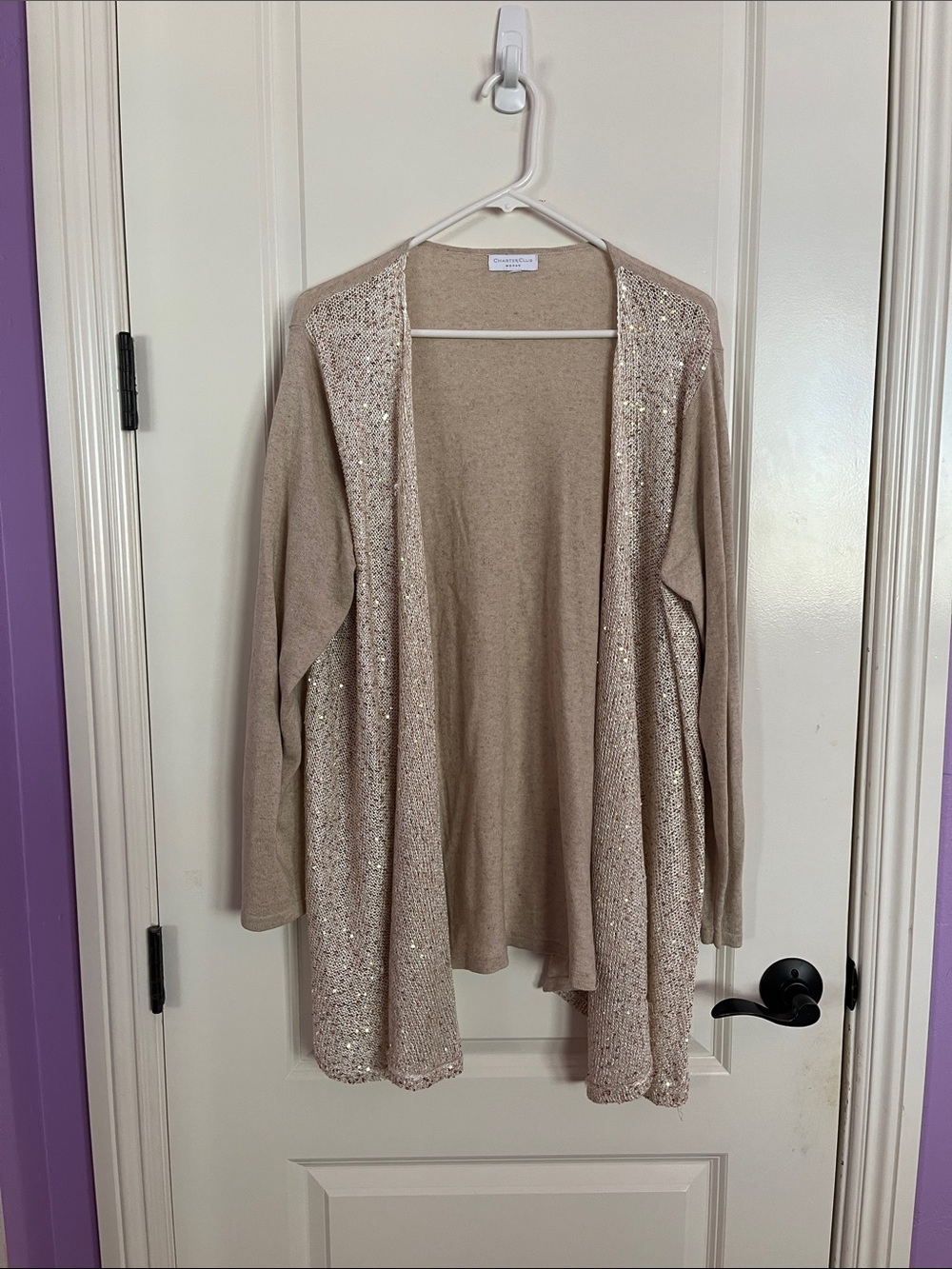 Charter Club Beige Sequin Trim Open Front Cardigan Long Sleeve